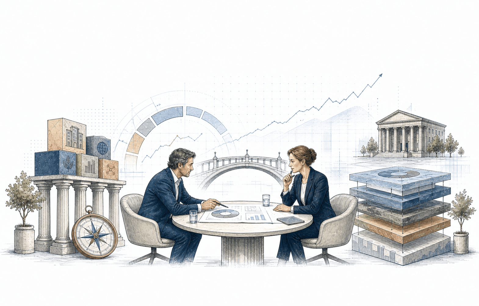 Illustration eines strategischen Finanzdialogs über Portfoliostruktur und langfristige Ziele