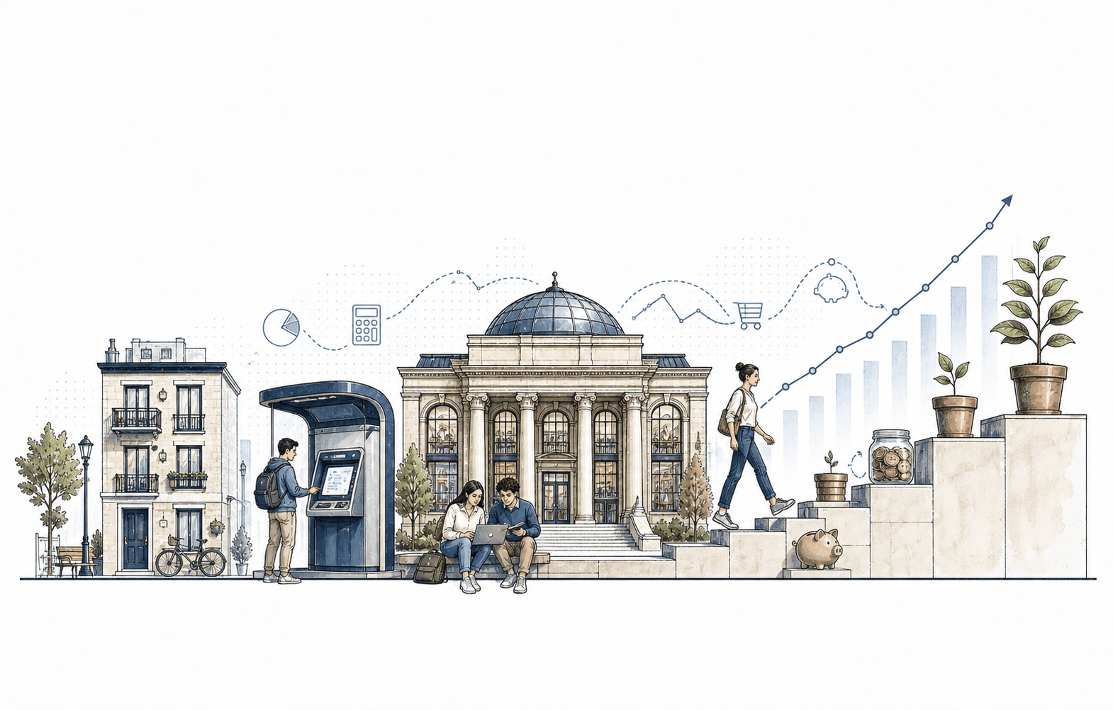 Illustration junger Erwachsener auf dem Weg vom Finanzwissen zum langfristigen Vermögensaufbau